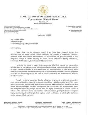 300x390 Page 1, in FL State Rep. Elizabeth Porter to FERC Re: Sabal Trail pipeline, by John S. Quarterman, 3 September 2014