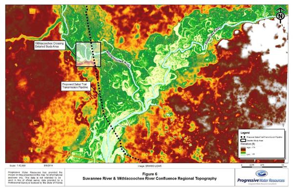 600x388 Confluence Regional Topography, Suwannee River & Withlacoochee River, in Hydrogeology Report: Sabal Trail methane pipeline crossing of Withlacoochee River, by David Brown, for WWALS.net, 22 August 2014