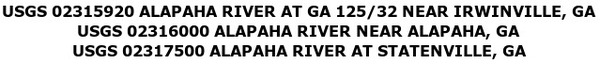 600x64 Alapaha Gauges Legend, in Alapaha River Levels and Precipitation, by USGS, for WWALS.net, 7 March 2015