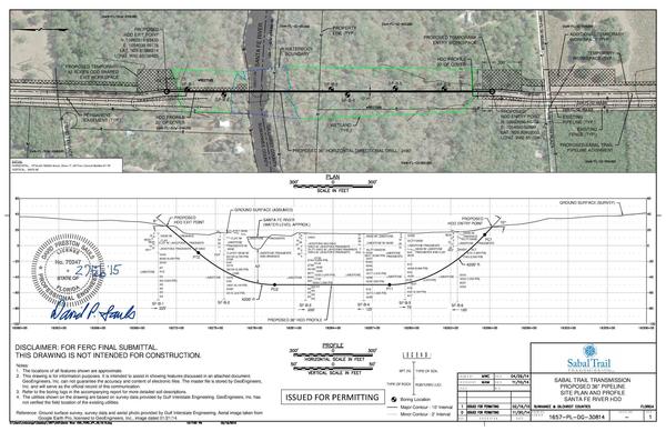 600x388 Proposed 36 Pipeline, Site Planand Profile, HDD, in Santa Fe River Crossing, by John S. Quarterman, for WWALS.net, 10 July 2015