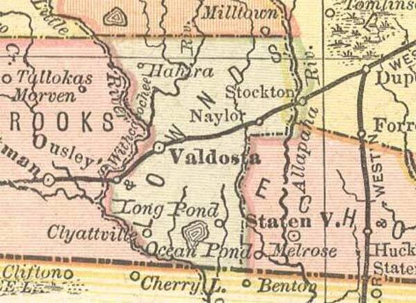 Lowndes County, 1885a, Source: Rand McNally Map of Georgia, 1885, with the “Withcacoochee Riv.” No Troupville.