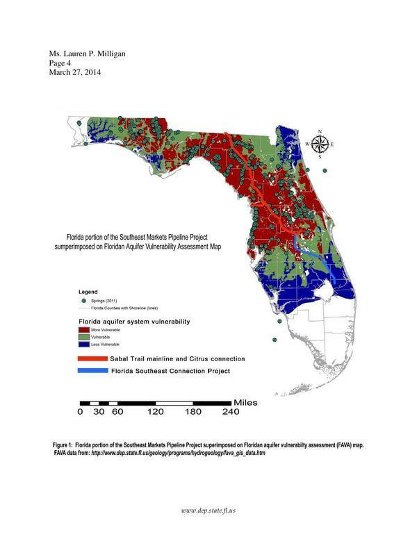 [Southeast Markets Pipeline Project superimposed on Floridan Aquifer Vulnerability Assessment Map, in Sabal Trail pipeline considered harmful for karst limestone Floridan Aquifer --FL-DEP, by John S. Quarterman, for SpectraBusters.org, 18 March 2014 http://spectrabusters.org/?attachment_id=3513]