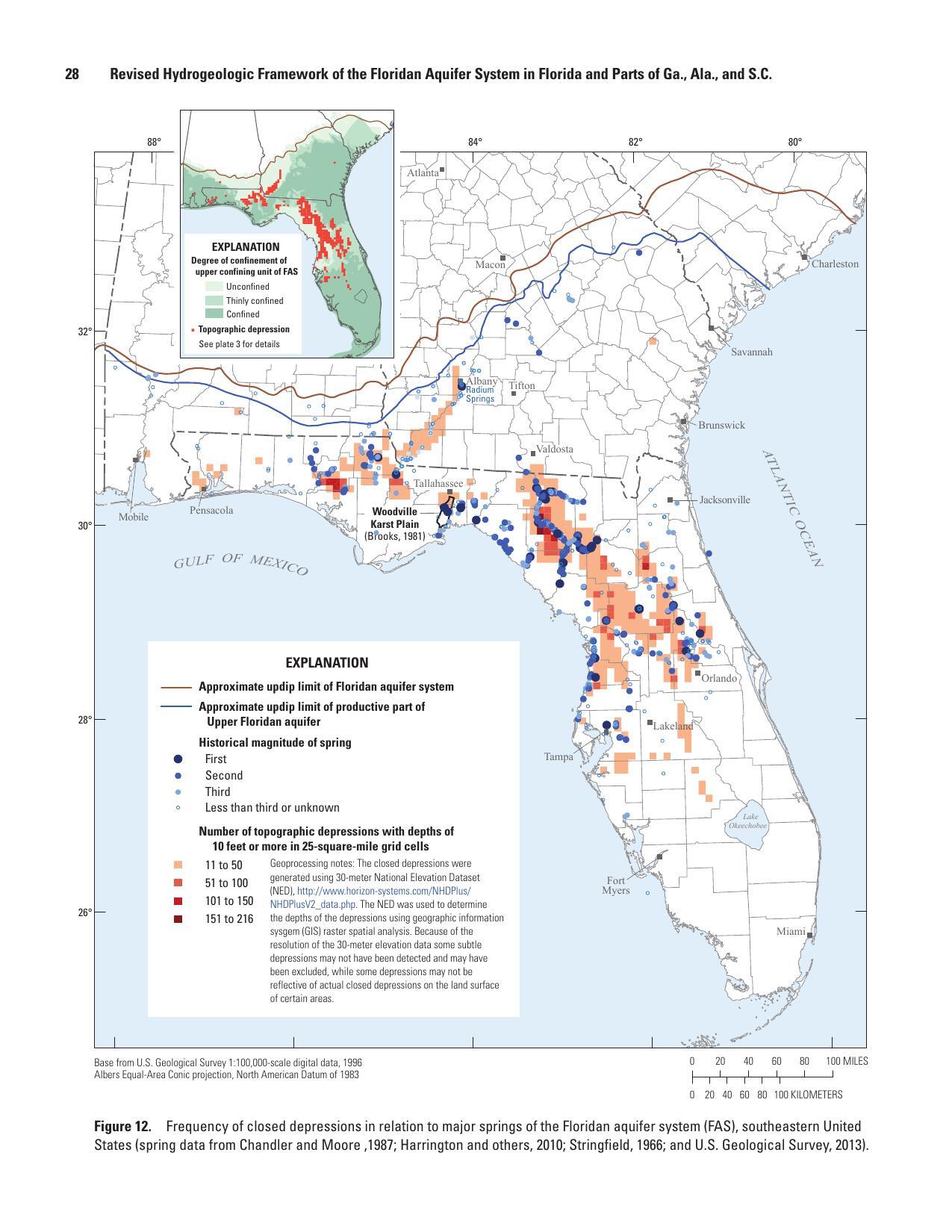 Figure 12. Frequency of closed depressions in relation to major springs of the Floridan aquifer system (FAS), southeastern United States (spring data from Chandler and Moore, 1987; Harrington and others, 2010; Stringfield, 1966; and U.S. Geological Survey, 2013).