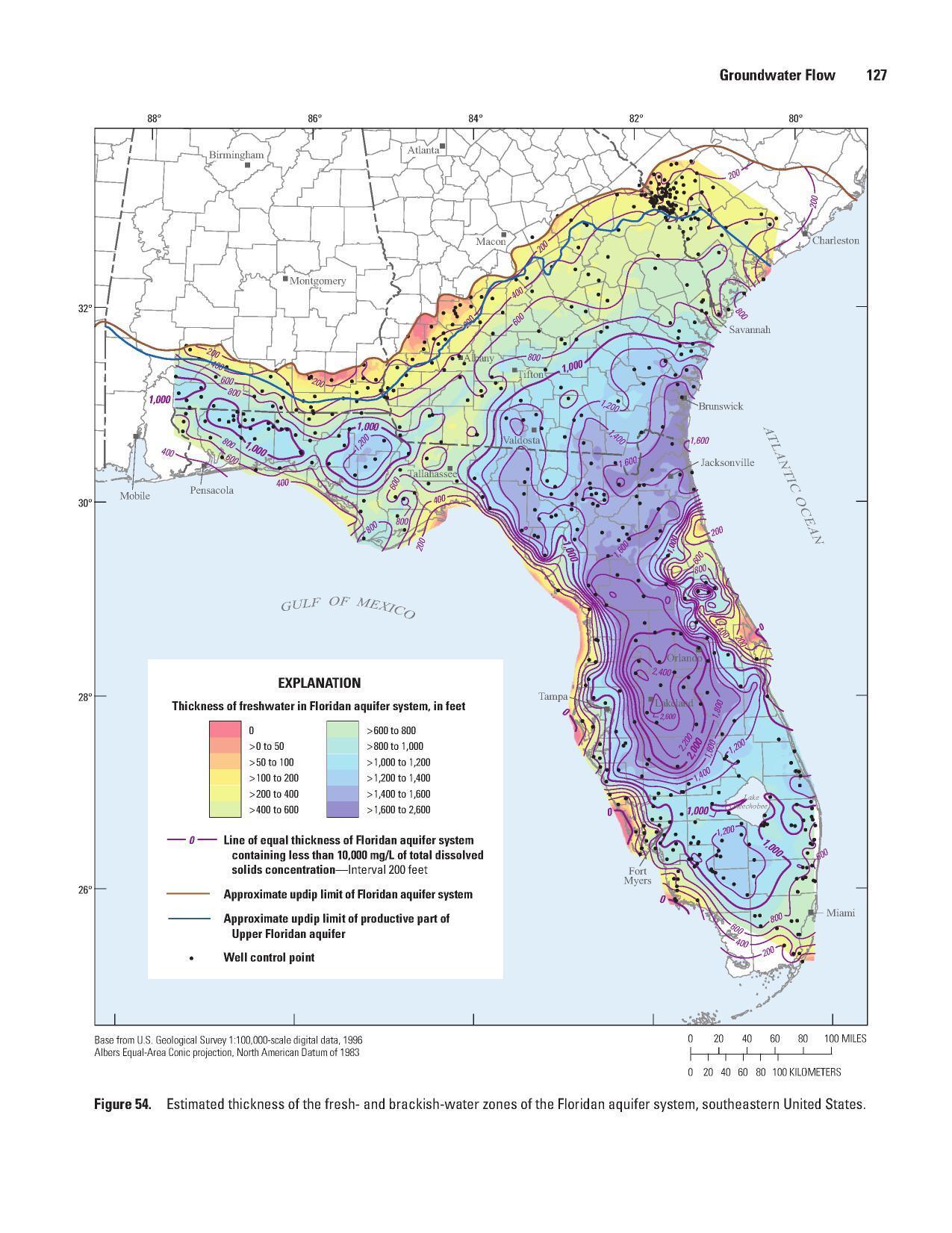 Figure 54. Estimated thickness of the fresh- and brackish-water zones of the Floridan aquifer system, southeastern United States.