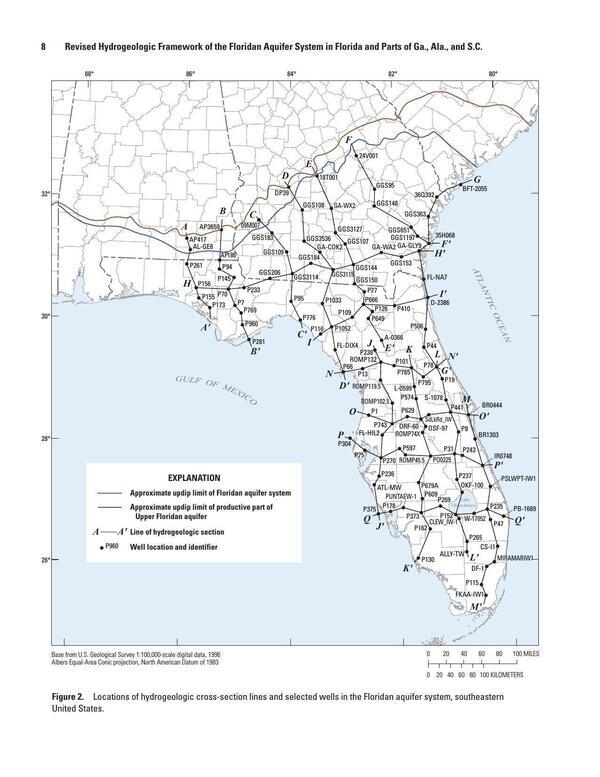 Figure 2. Locations hydrogeologic cross-section lines and in the Floridan aquifer system, southeastern United States.