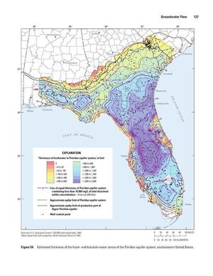 [Figure 54. Estimated thickness of the fresh- and brackish-water zones of the Floridan aquifer system, southeastern United States.]