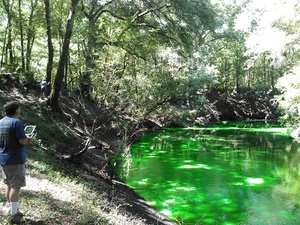 [Drone following the dye around the bend]