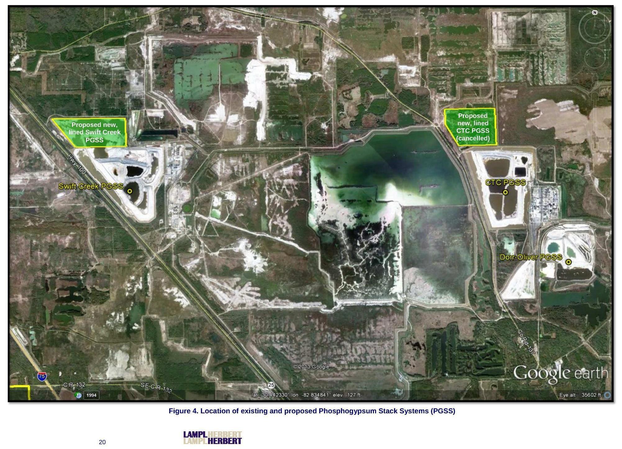 Figure 4. Location of existing and proposed Phosphogypsum Stack Systems (PGSS), Map, in FINAL REPORT Review of PCS Phosphate â?? White Springs, by Lampl-Herbert, 23 February 2018, http://wwals.net/2018/03/20/nutrien-pcs-phosphate-mine-5-year-permit-renewal-2018-03-16/