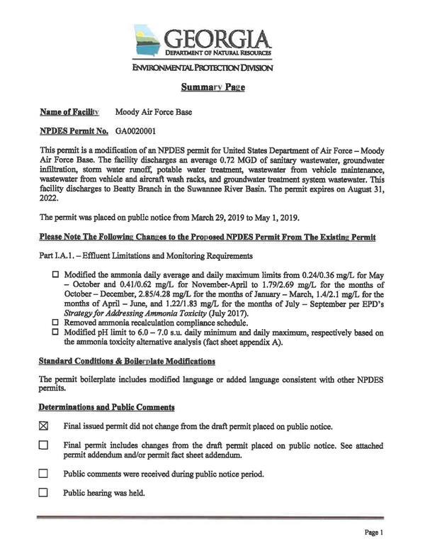 [GA0020001 US Department of the Air Force Moody AFB 2019 Permit Issuance]