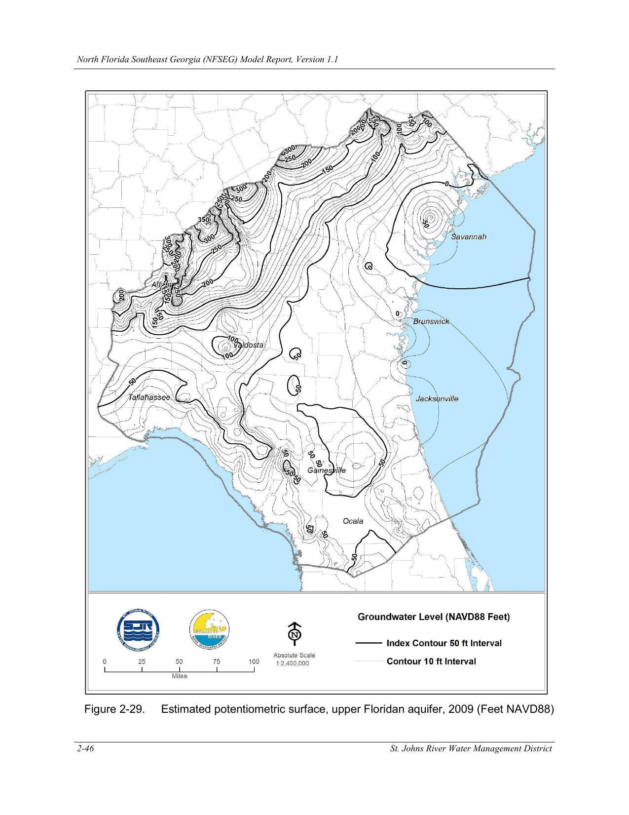 Figure 2-29. Estimated potentiometric surface, upper Floridan aquifer, 2009 (Feet NAVD88)