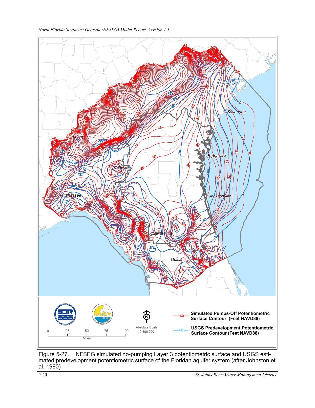 Figure 5-27. NFSEG simulated no-pumping Layer 3 potentiometric surface and USGS esti-