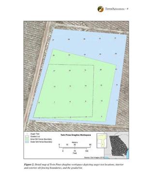 [Fig. 2. Detail map... depicting auger test locations, interior and exterior silt fencing boundaries, and the graded lot.]