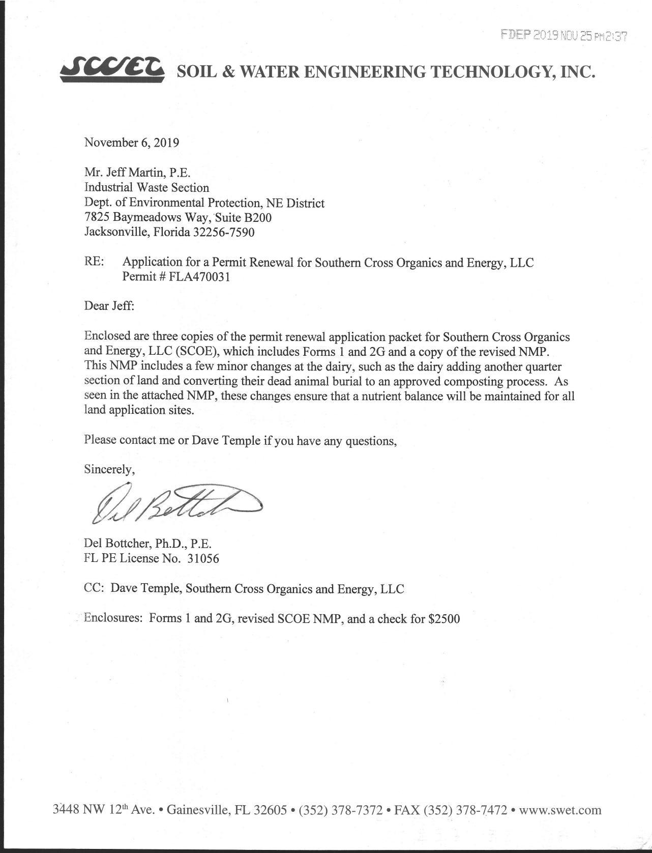Cover letter fromm Del Bottcher, Ph.D., P.E.