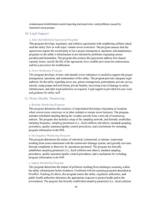 10. Legal Support 11. Water Quality Monitoring