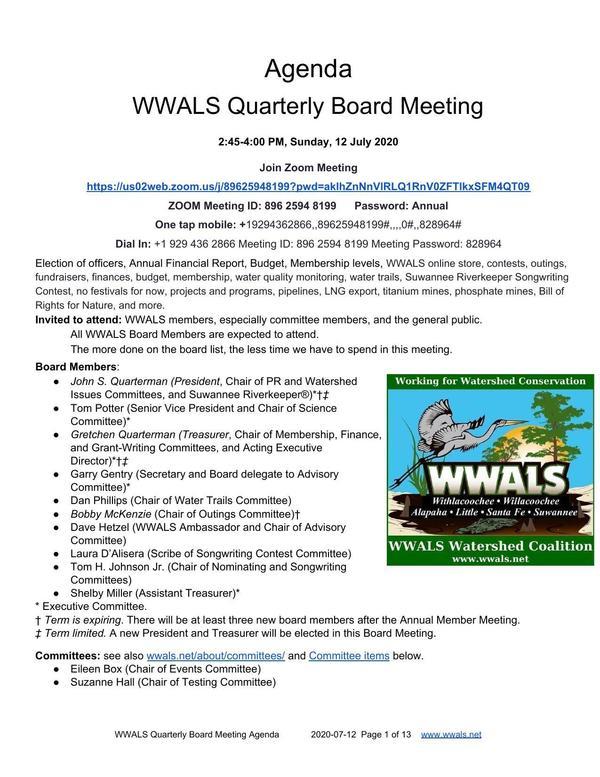 [WWALS Quarterly Board Meeting]