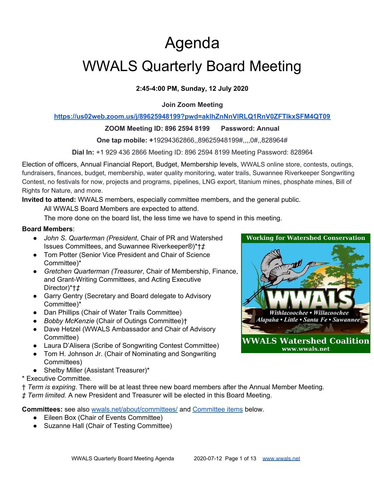WWALS Quarterly Board Meeting