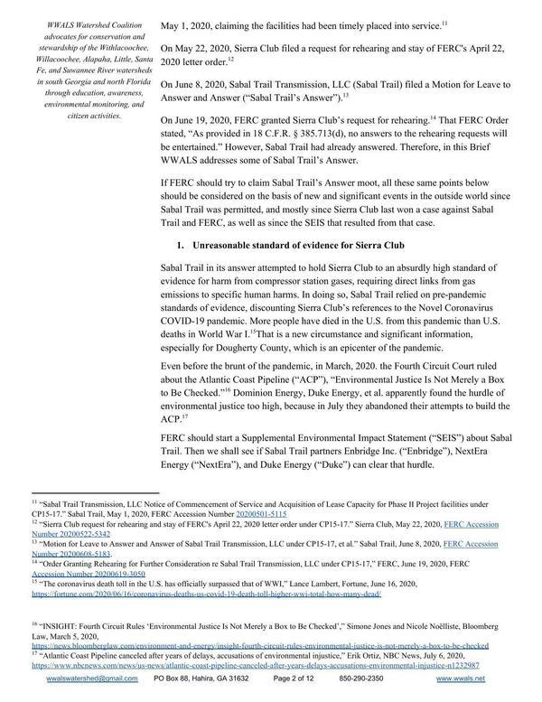 1. Unreasonable standard of evidence for Sierra Club