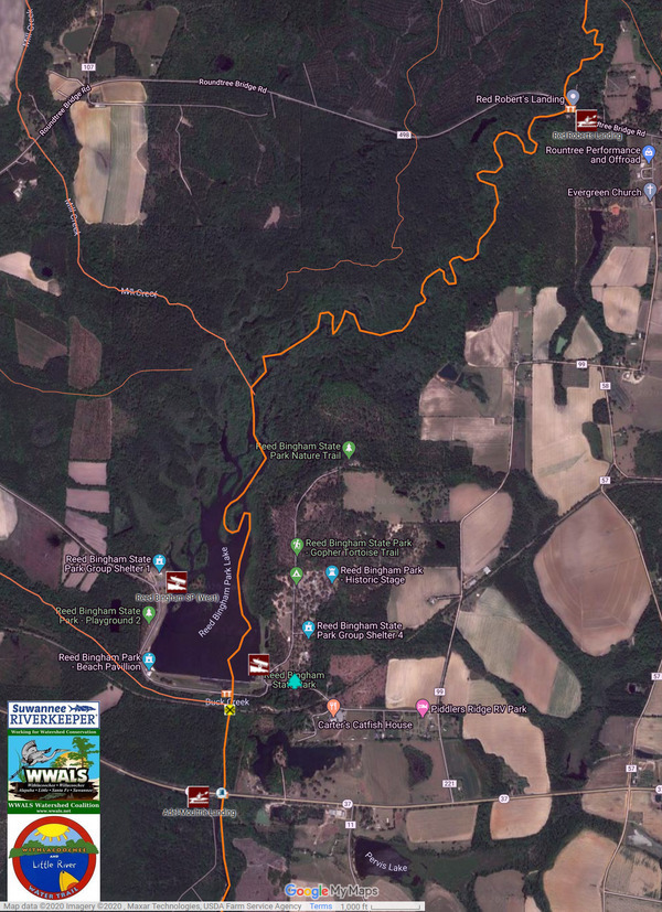 [Map: Reed Bingham State Park on Withlacoochee and Little River Water Trail]