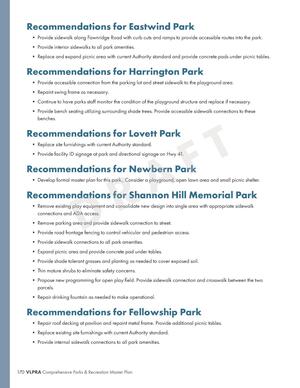 [Recommendations for Eastwind Park, Harrington Park, Lovett Park, Newbern Park, Shannon Hill Memorial Park, Fellowship Park]