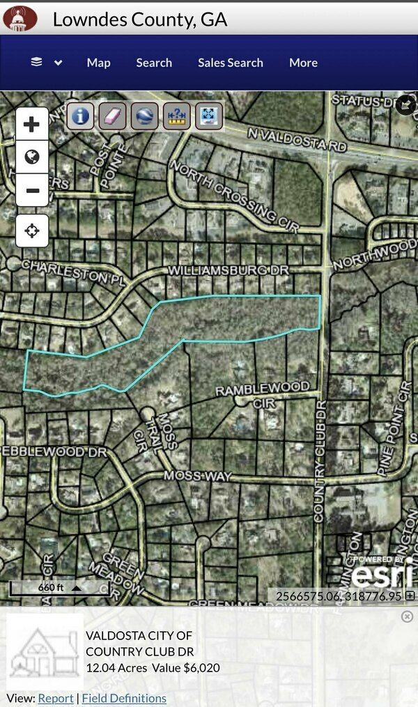 [Map: Valdosta Threemile Branch land downstream of Country Club Drive]