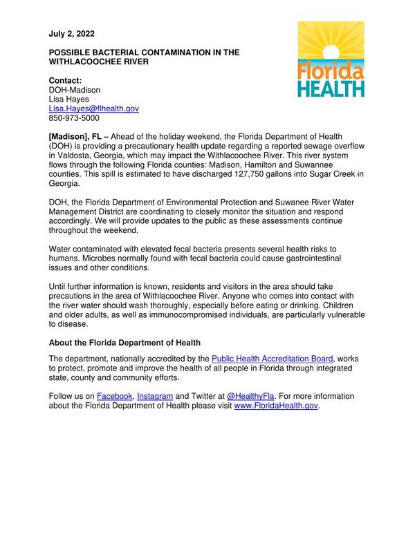 Madison Health Withlacoochee River Alert 2022-07-02