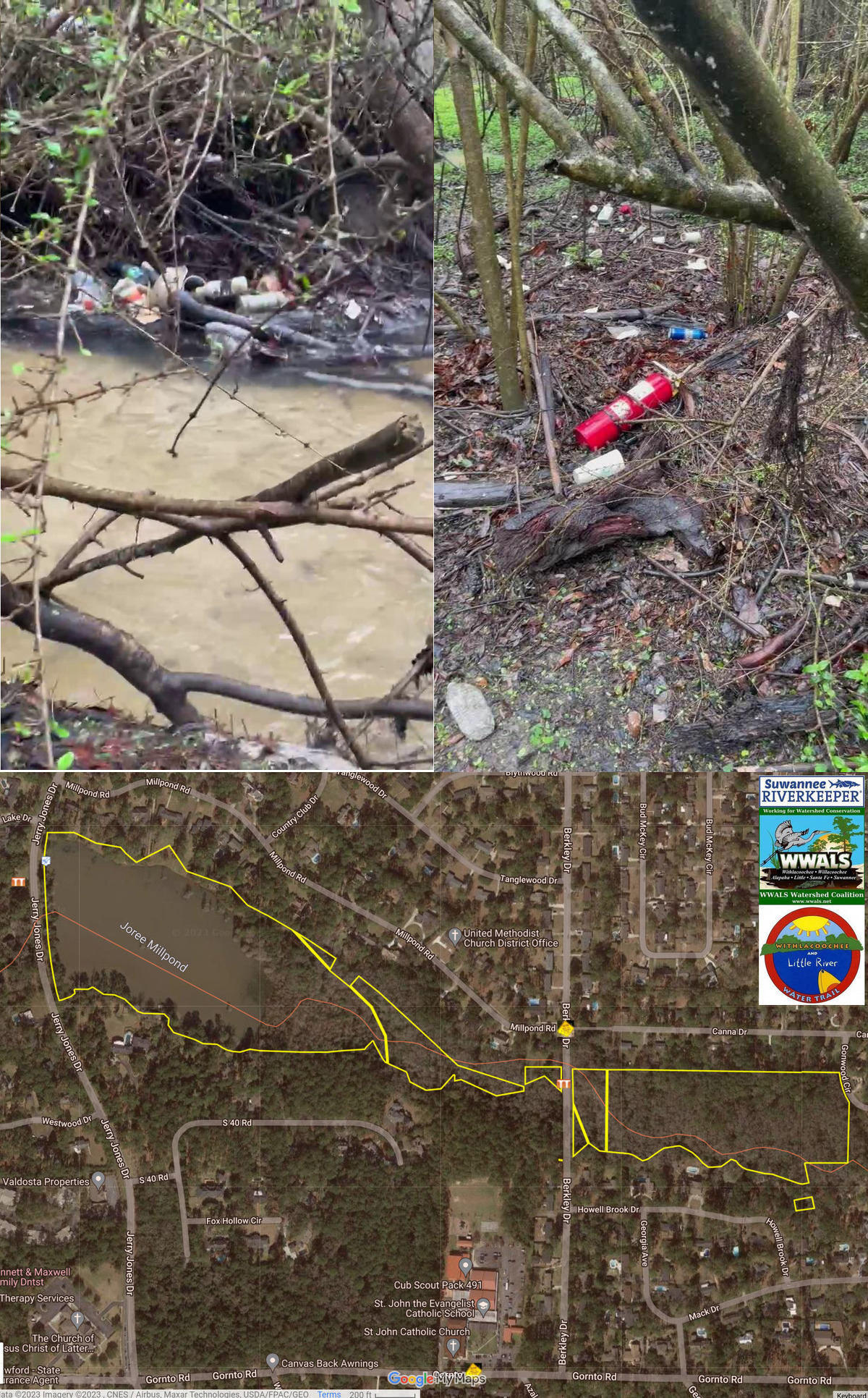 [Trash and fire extinguisher, Two Mile Branch 2023-02-11]