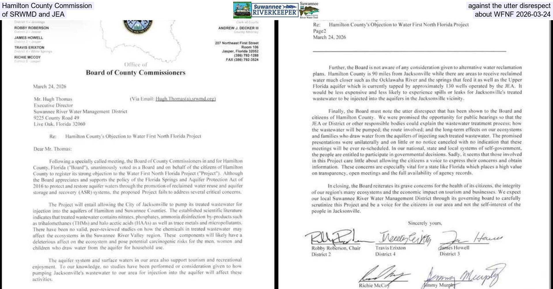 Hamilton County Commission against the utter disrespect of SRWMD and JEA about WFNF 2026-03-24