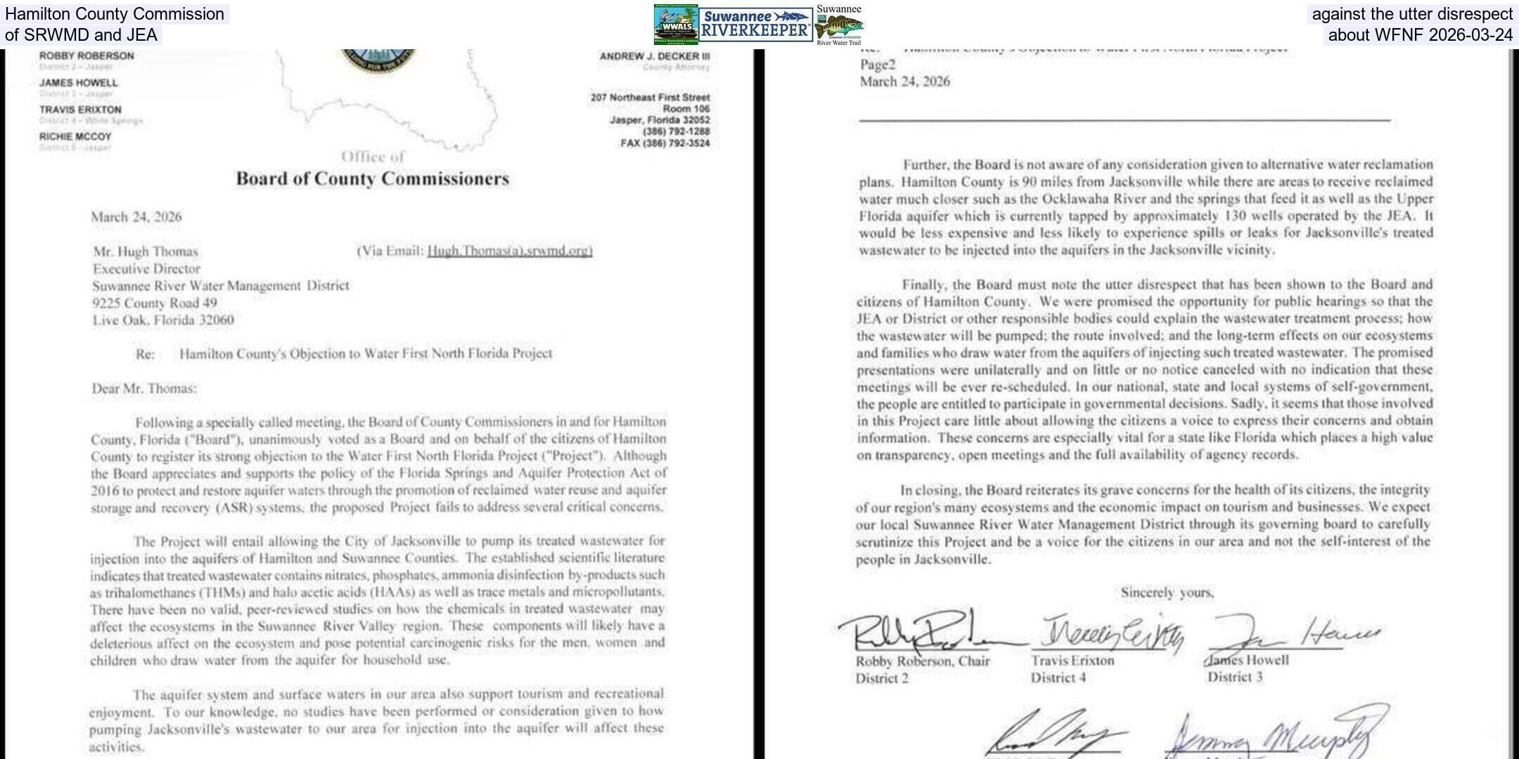 Hamilton County Commission against the utter disrespect of SRWMD and JEA about WFNF 2026-03-24