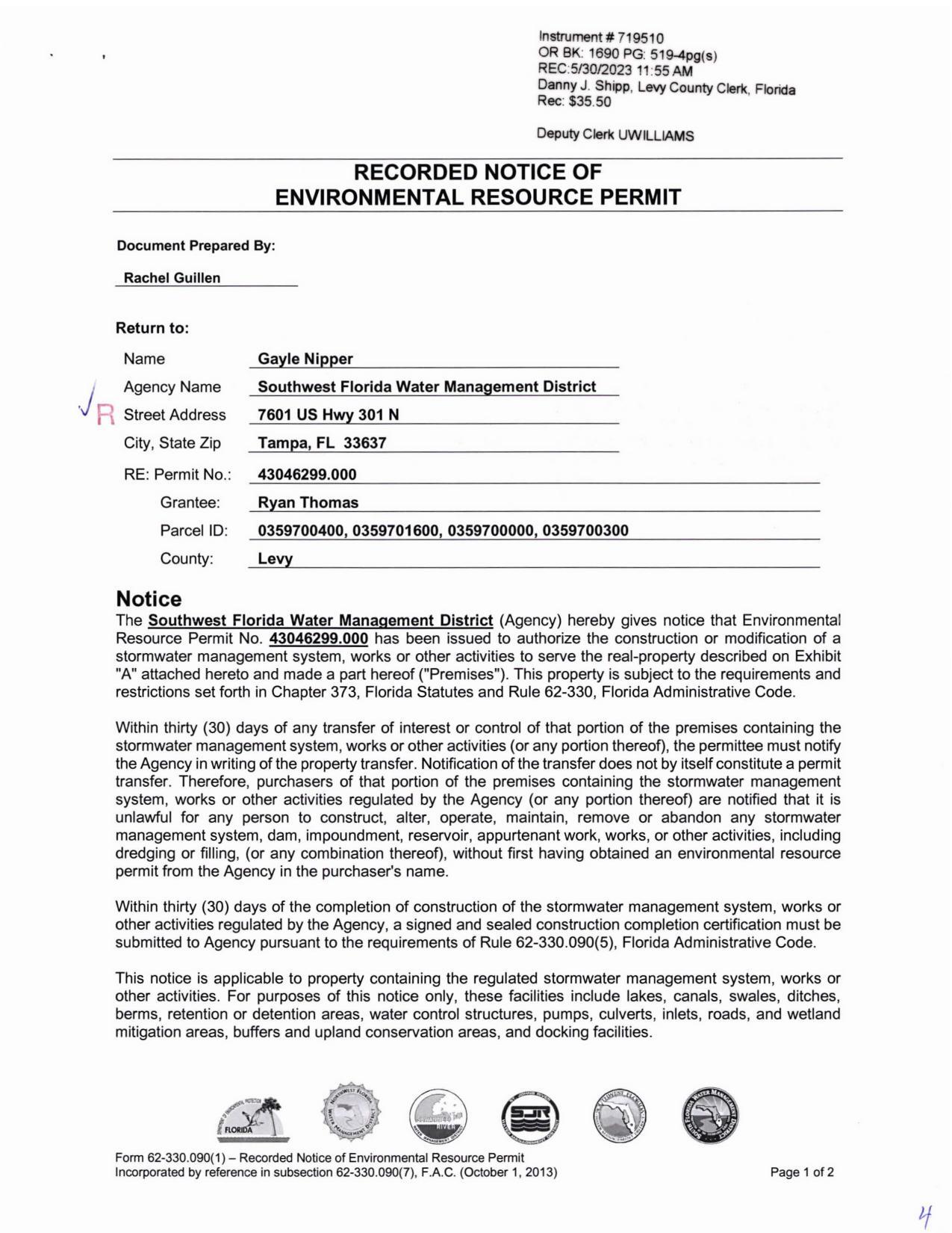 RECORDED NOTICE OF ENVIRONMENTAL RESOURCE PERMIT