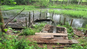 [Trash at outflow of detention pond, Baytree Road at Sugar Creek]