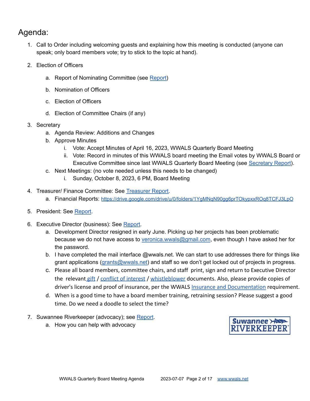 Election of Officers, Approval of Minutes, Officer and Staff Reports