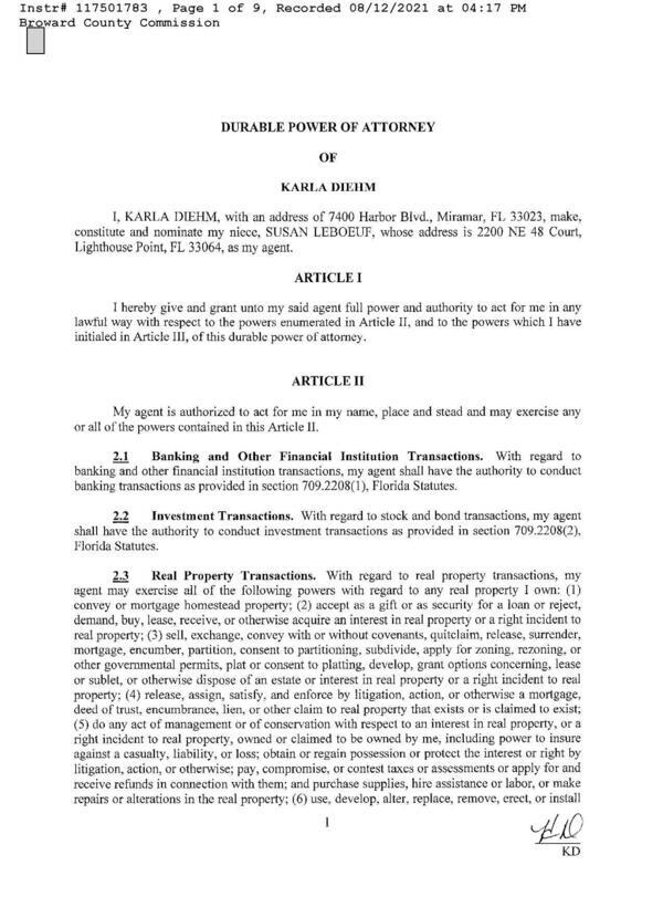 [Durable Power of Attorney of Krla Diehm]