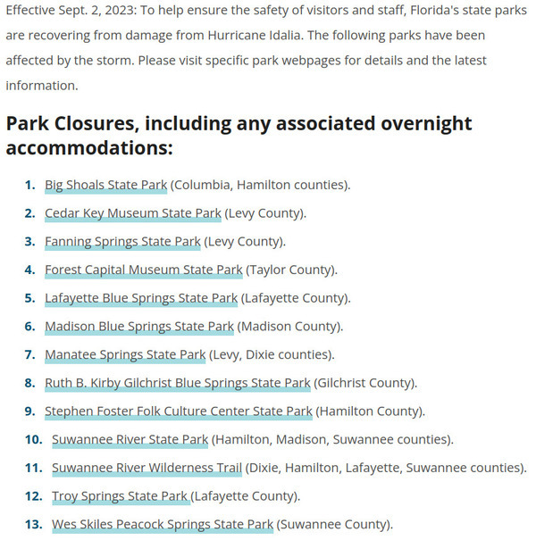 Florida State Parks Closed 2023-09-02