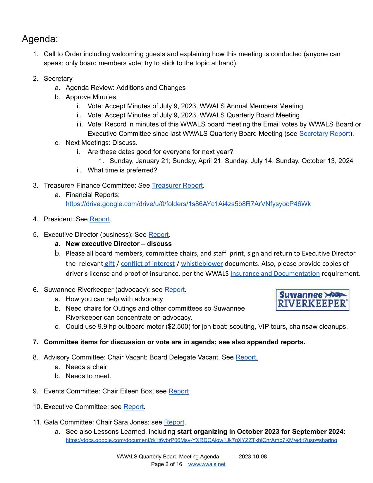 Secretary, President, E.D., Suwannee Riverkeeper, Gala Committee
