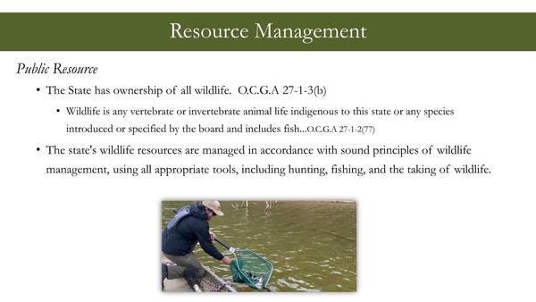 Resource Management, The State has ownership of all wildlife. O.C.G.A 27-1-3(b)