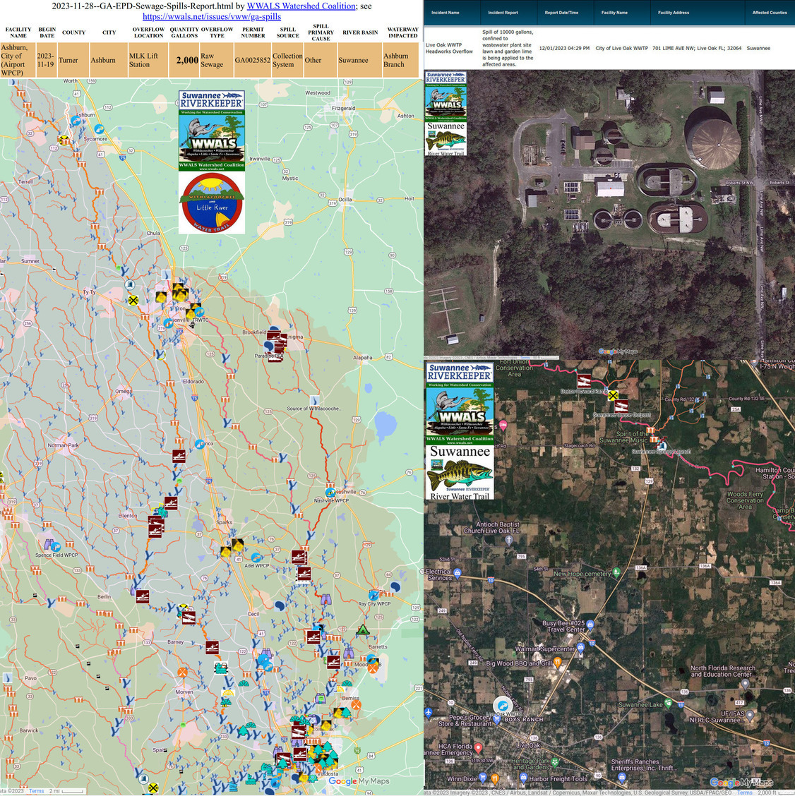 [Ashburn, GA, and Live Oak, FL, sewage spills]