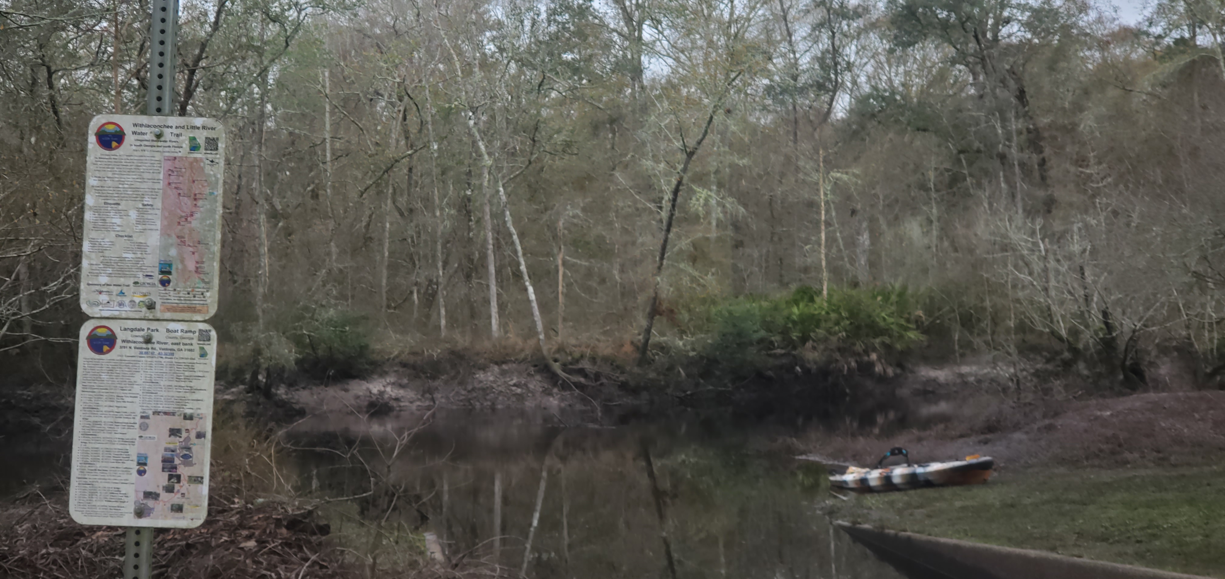 WWALS water trail signs at Langdale Park Boat Ramp, 08:47:03, 30.8877252, -83.3238634