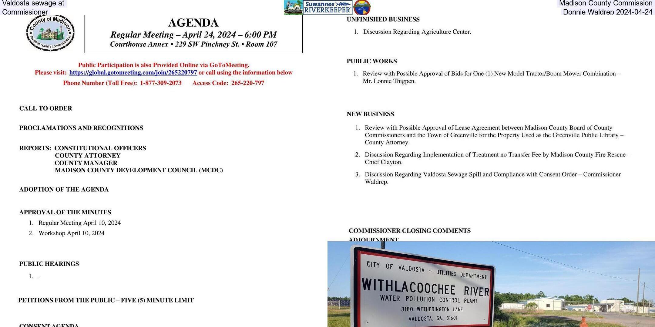 Valdosta sewage at Madison County Commission, Commissioner Donnie Waldrep 2024-04-24