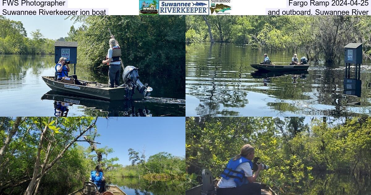 [FWS Photographer, Fargo Ramp 2024-04-25, Suwannee Riverkeeper jon boat, and outboard, Suwannee River]