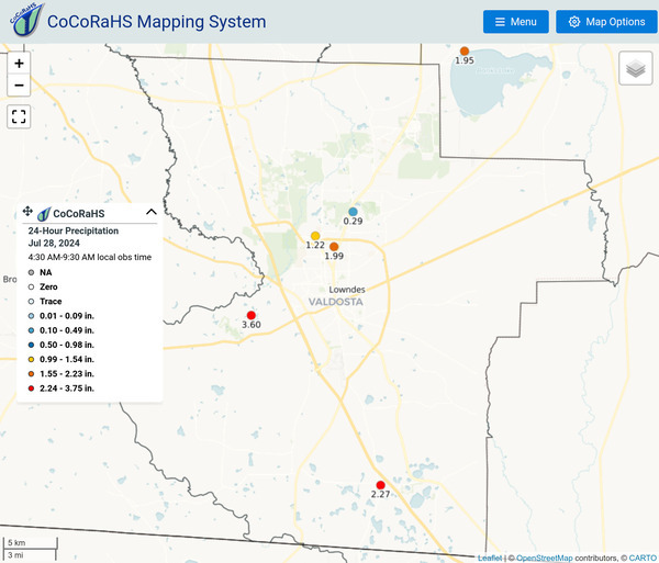 [CoCoRaHS Mapping System, rainfall, last 24 hours, near Valdosta, GA 2024-07-28]