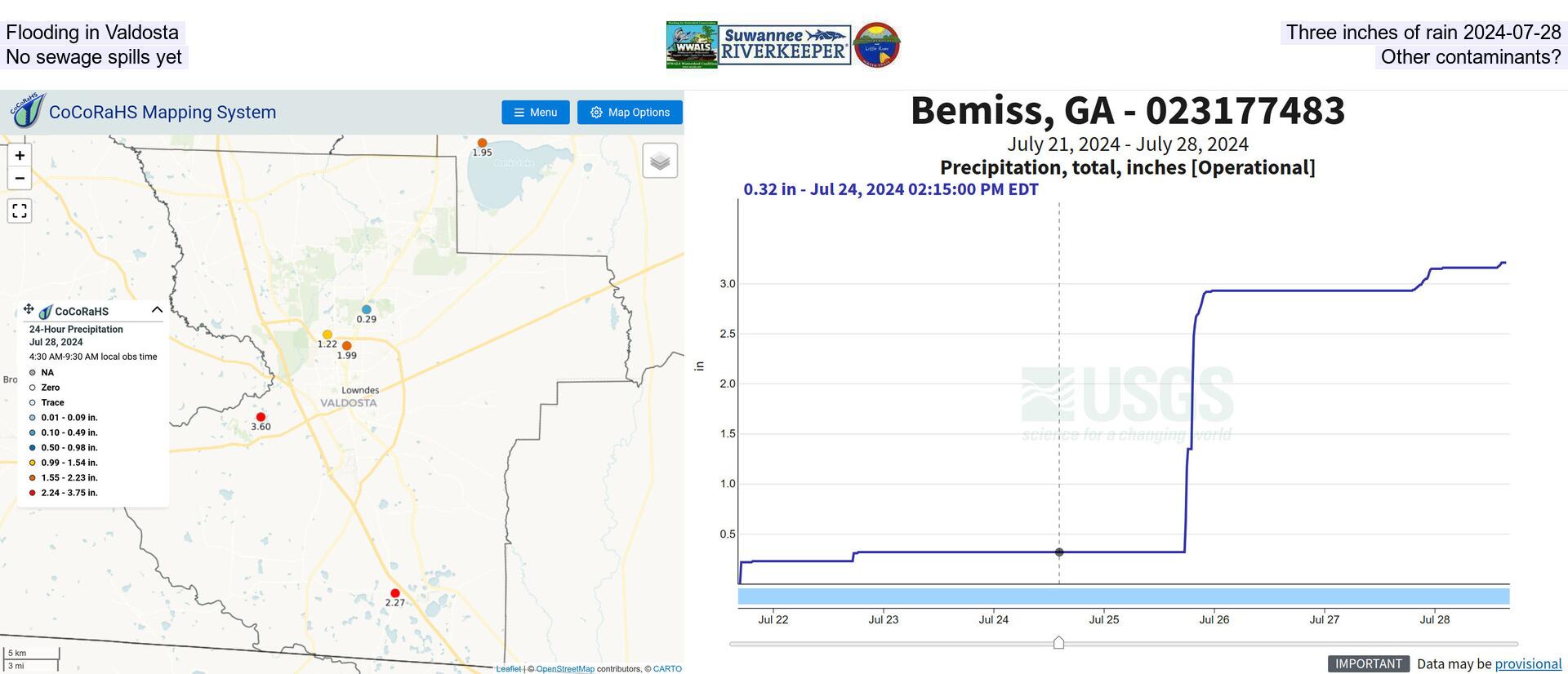 [Flooding in Valdosta, Three inches of rain 2024-07-28, No sewage spills yet. Other contaminants?]