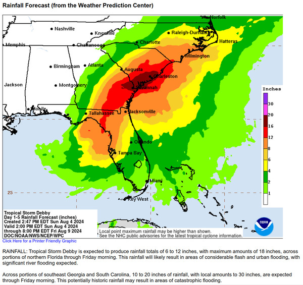 [Rainfall prediction, Tropical Storm Debbie --National Hurricane Center 2024-08-04]