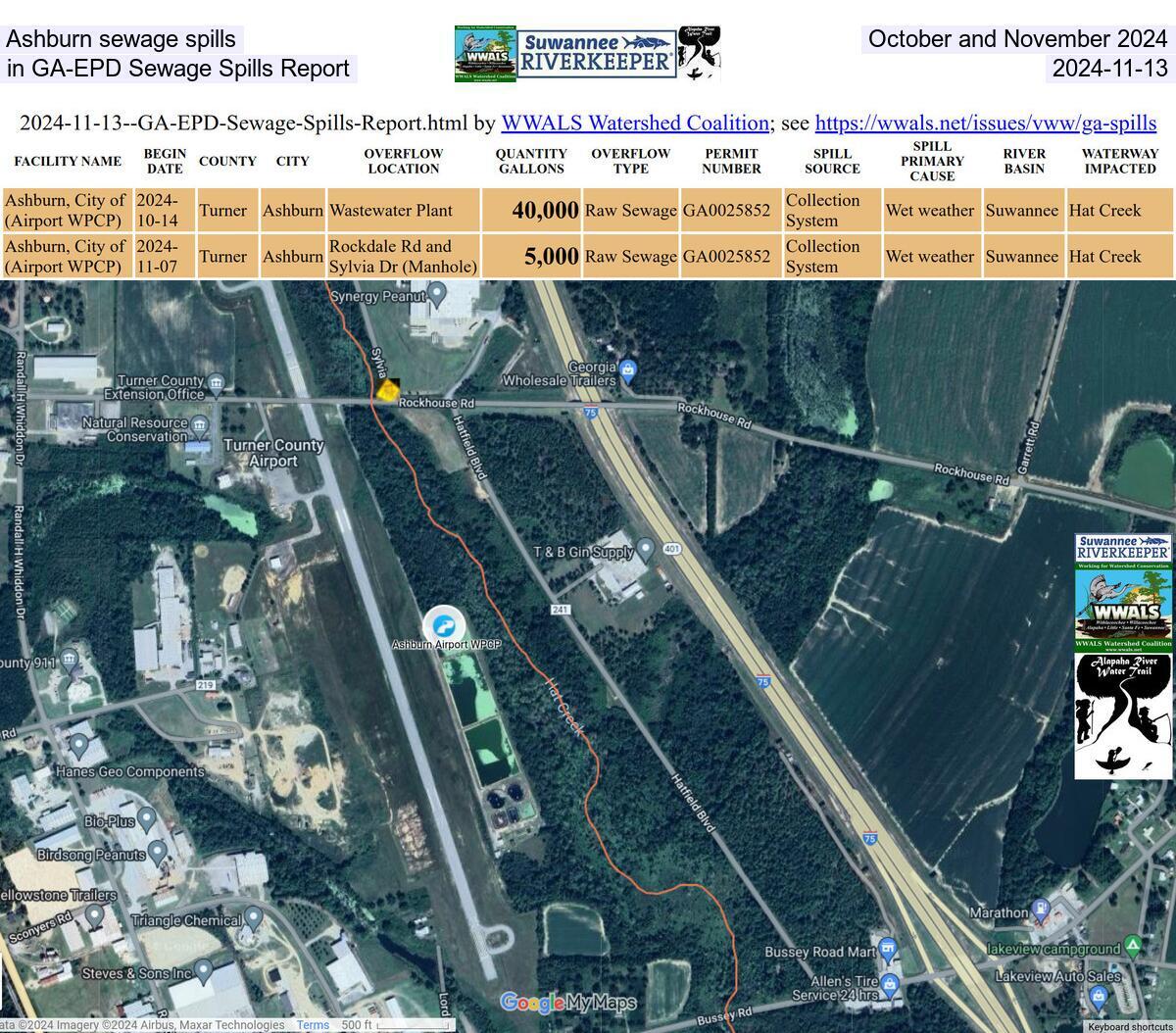 [Ashburn sewage spills, October and November 2024, in GA-EPD Sewage Spills Report 2024-11-13]
