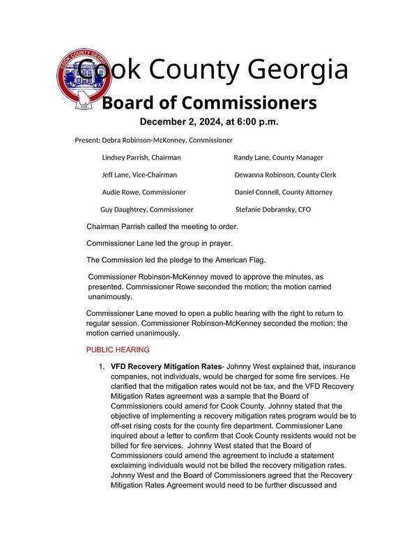 [Minutes, 2024-12-02 --Cook County, Georgia BOCC]