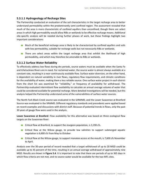 5.3.1.1 Hydrogeology of Recharge Sites and 5.3.1.2 Surface Water Reliability