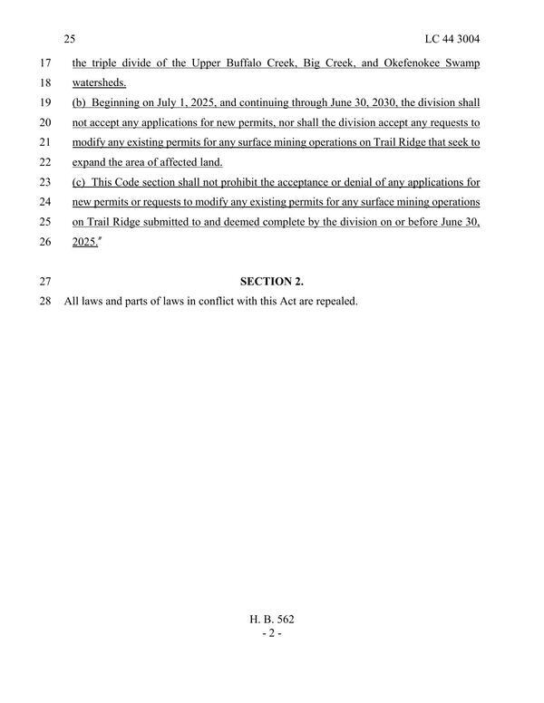 (b) Beginning on July 1, 2025, and continuing through June 30, 2030, the division shall not accept any applications for new permits, nor shall the division accept any requests to modify any existing permits for any surface mining operations on Trail Ridge that seek to expand the area of affected land.