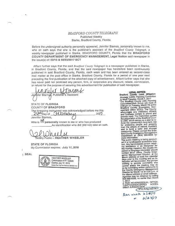 COUNTY DEPARTMENT OF EMERGENCY MANAGEMENT, Legal Notice said newspaper in