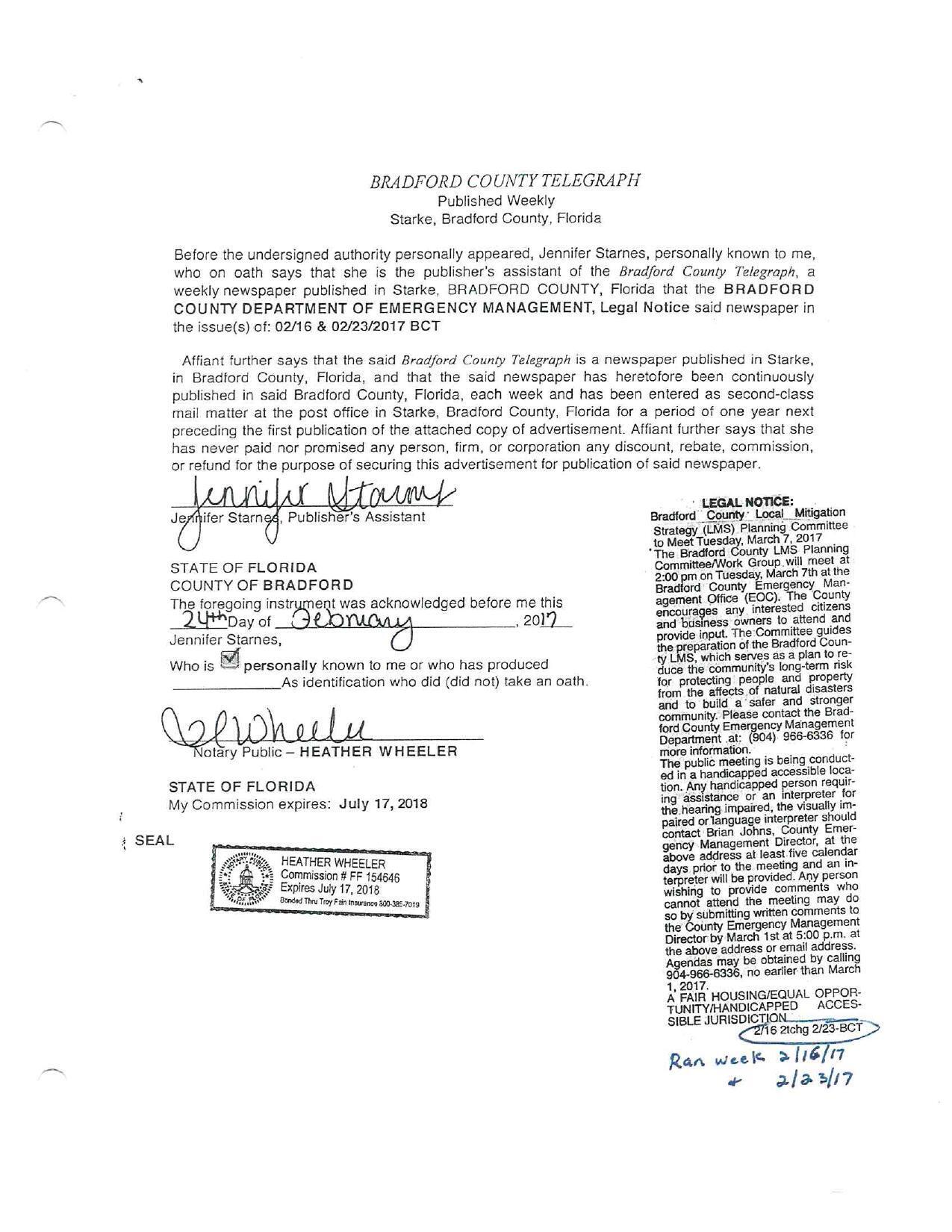 COUNTY DEPARTMENT OF EMERGENCY MANAGEMENT, Legal Notice said newspaper in