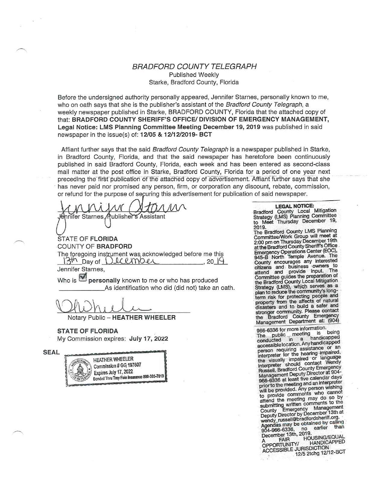 Legal Notice: LMS Planning Committee Meeting December 19, 2019 was published in said