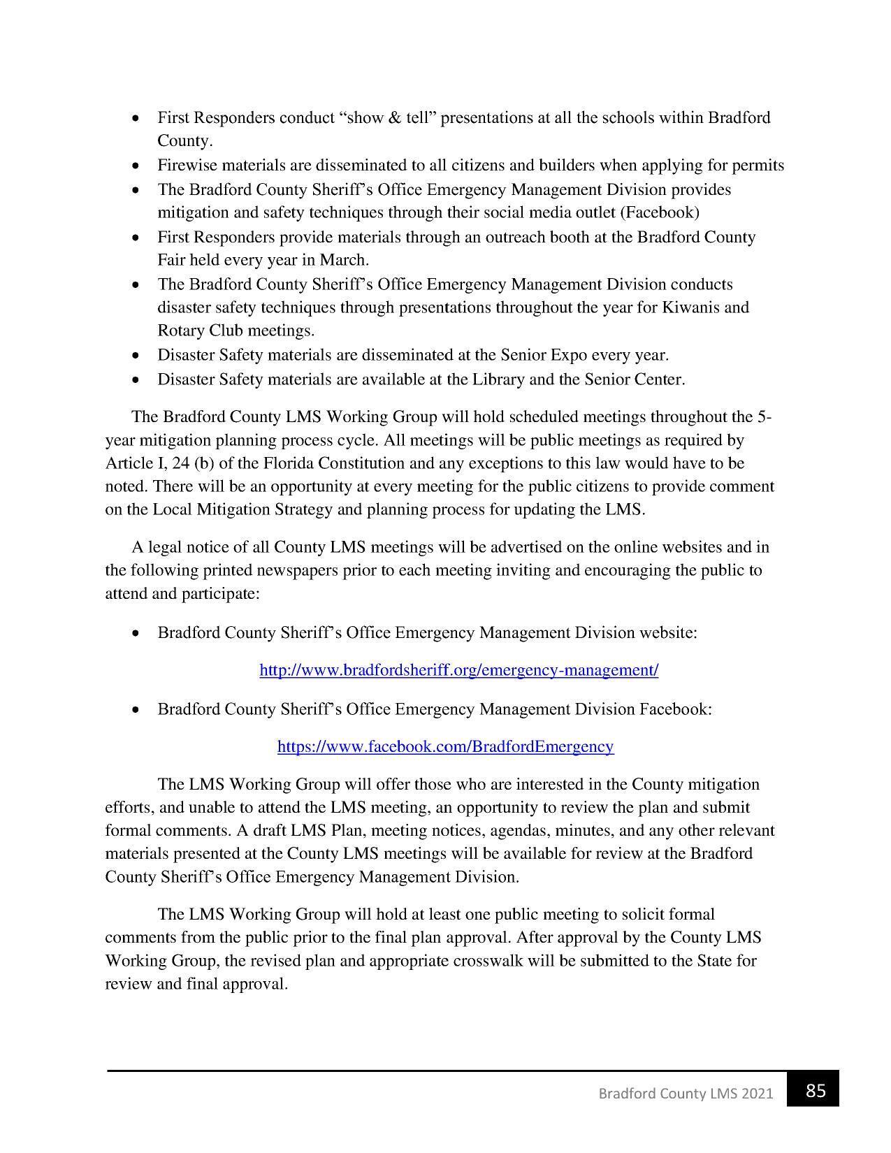 year mitigation planning process cycle. All meetings will be public meetings as required by